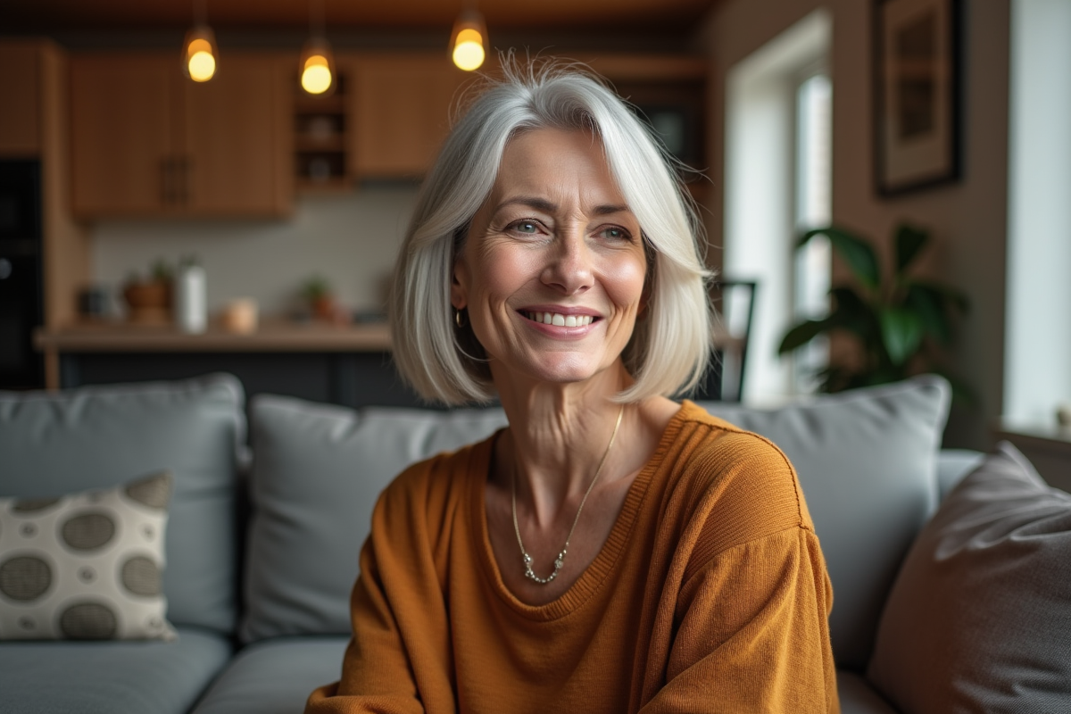 Femme senior confiante assise dans un salon moderne