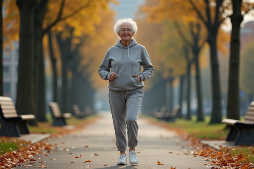 Femme senior souriante marche dans un parc urbain automnal