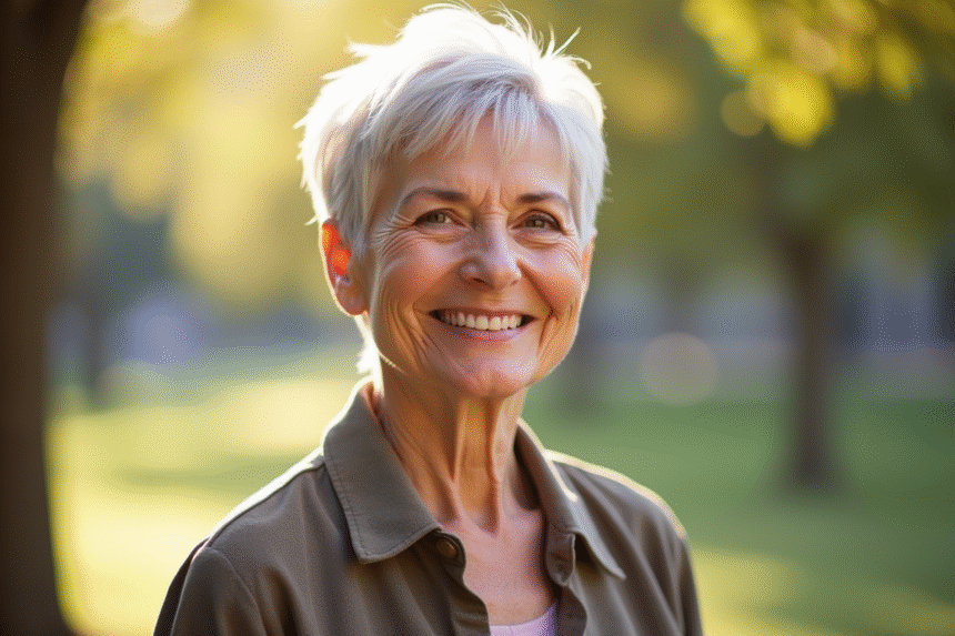 Femme senior souriante en plein air au matin