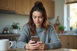 Femme tenant un smartphone avec une expression perplexe vérifiant si son numéro est bloqué