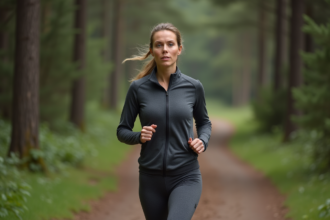 Femme en tenue de sport marche dans la forêt