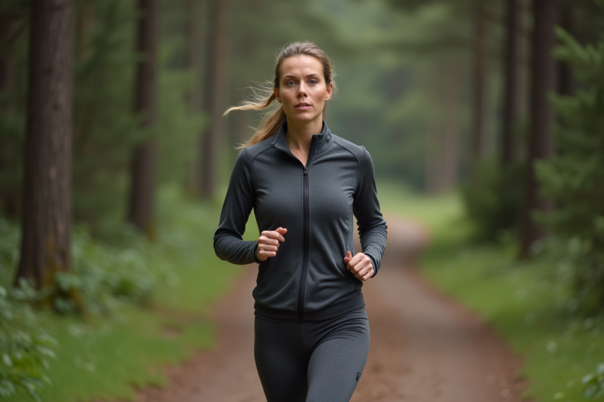 Femme en tenue de sport marche dans la forêt