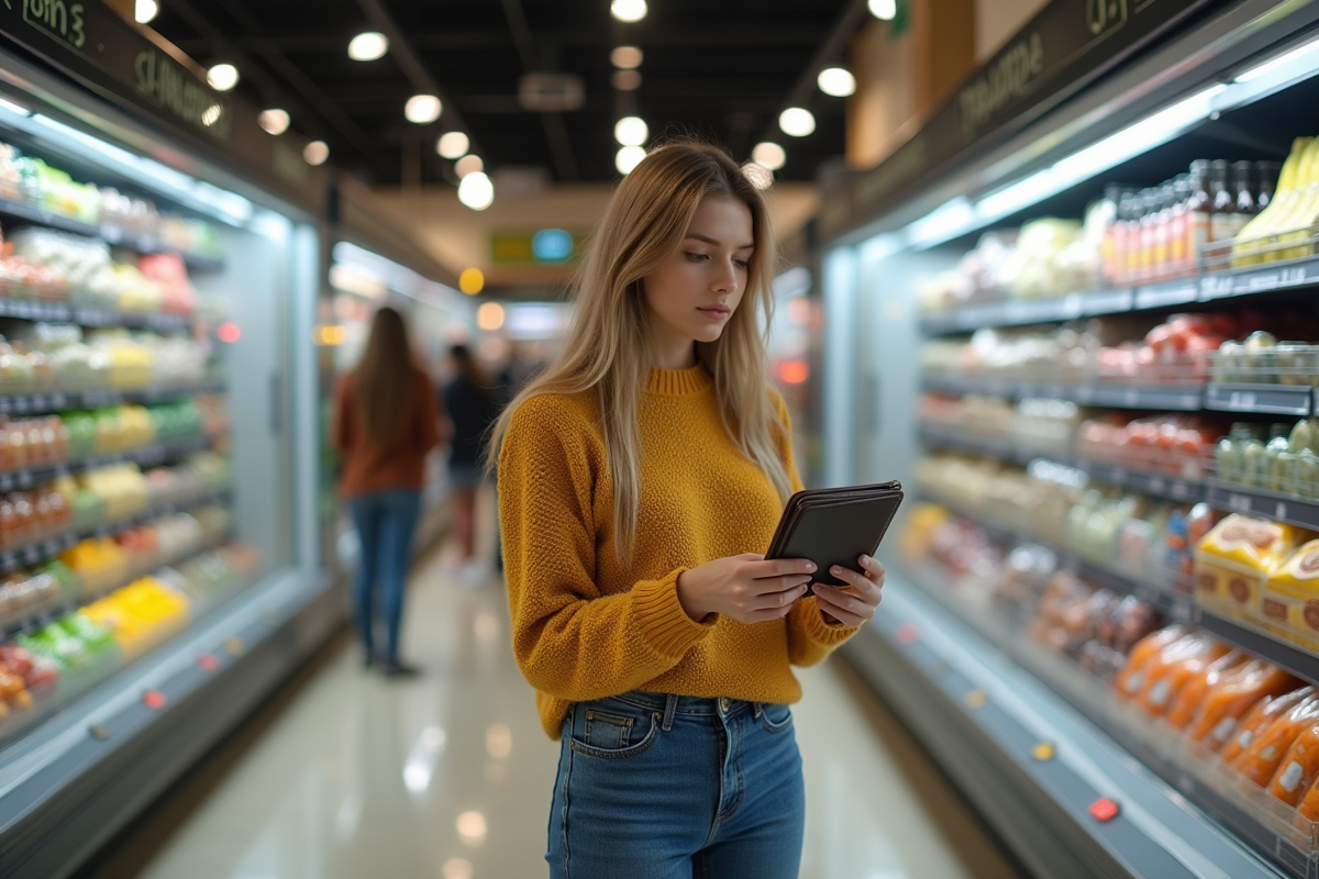 Jeune femme regardant les prix dans un supermarché