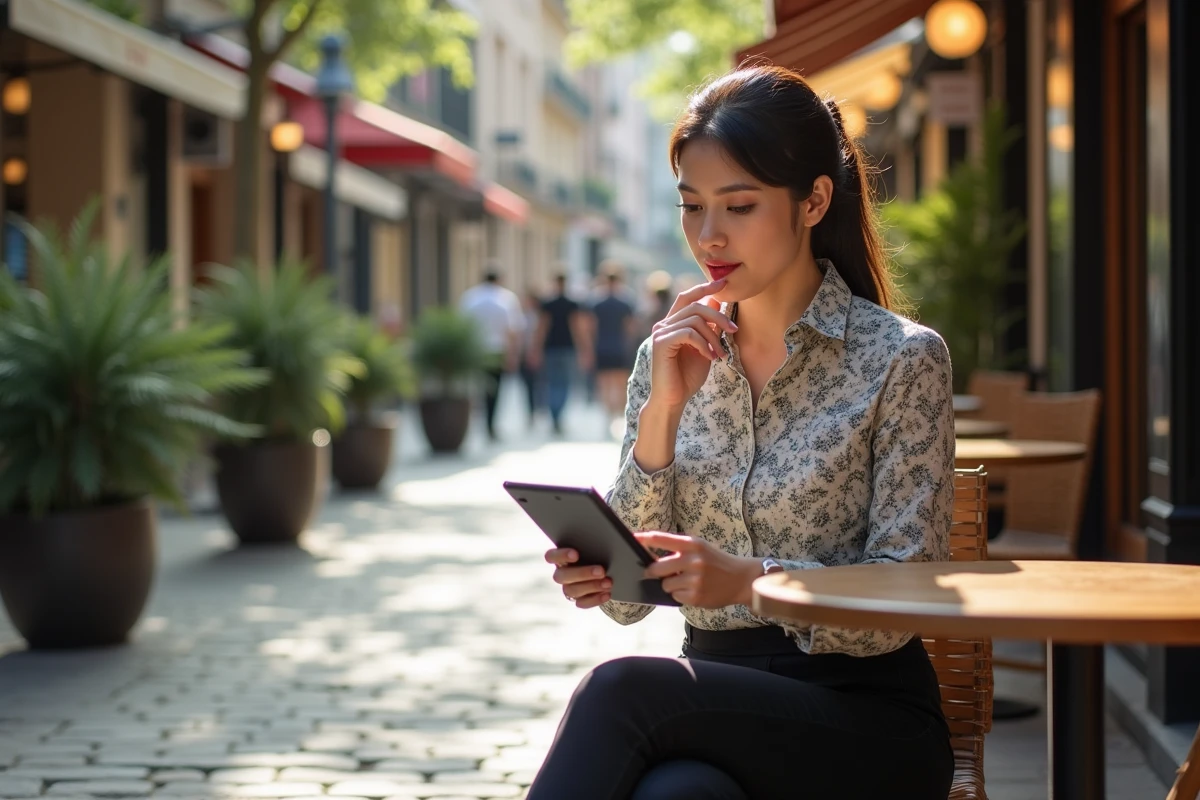 Femme comparant des applications manga sur sa tablette en extérieur