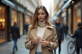 Femme élégante ajustant sa chaîne en ville