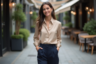 Femme élégante en ville avec blouse beige et pantalon navy