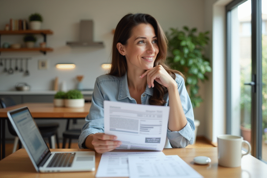 Femme souriante évaluant documents immobiliers à la maison