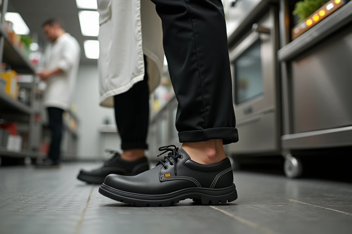 Jeune femme contrôlant ses chaussures de cuisine antidérapantes