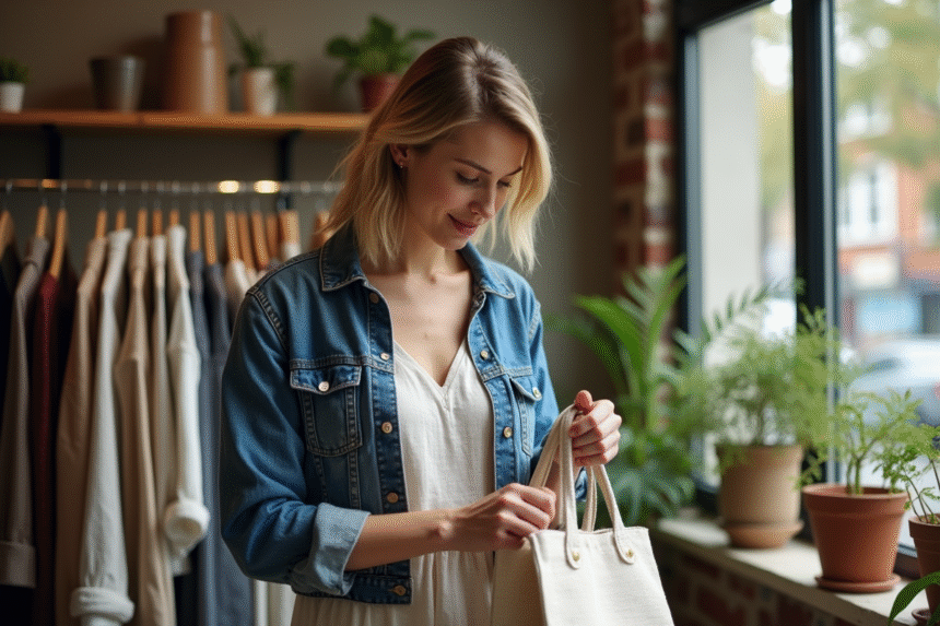 Femme examinant une étiquette de vêtement dans une boutique éthique