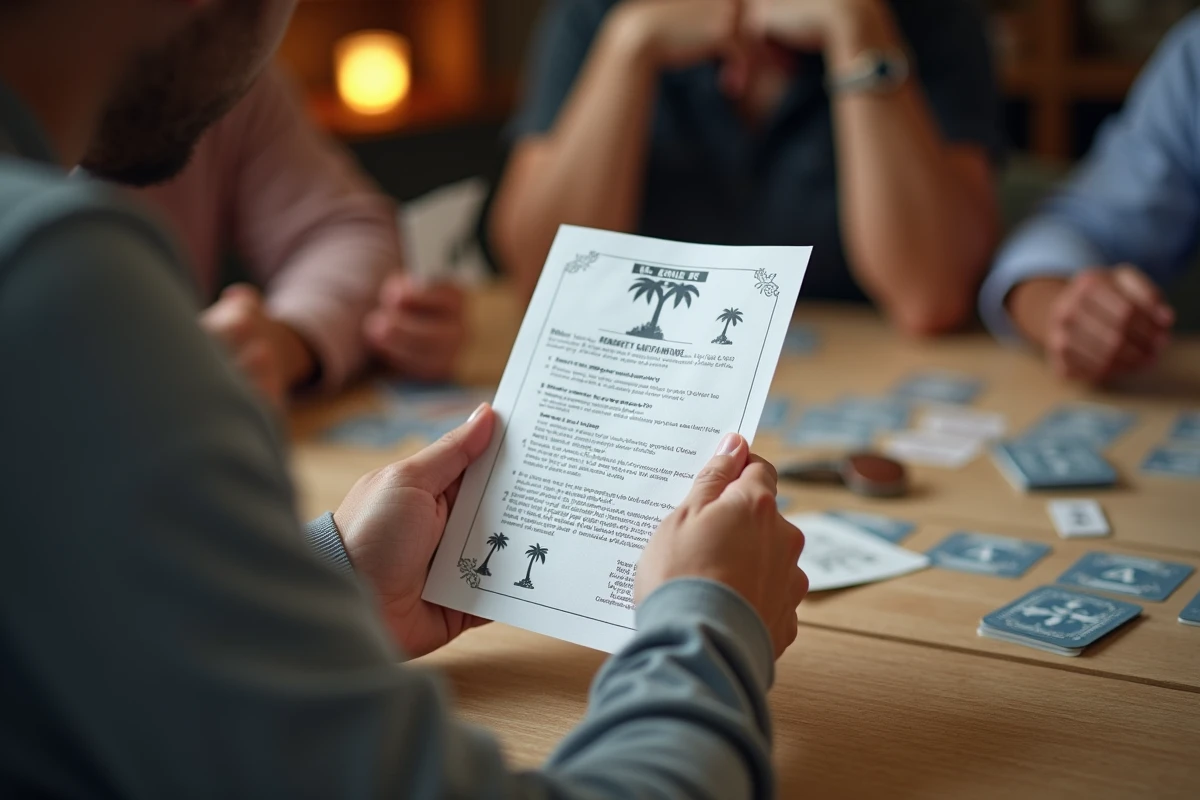 Mains tenant la fiche mémo imprimée des règles du jeu Palmier pendant une partie de cartes