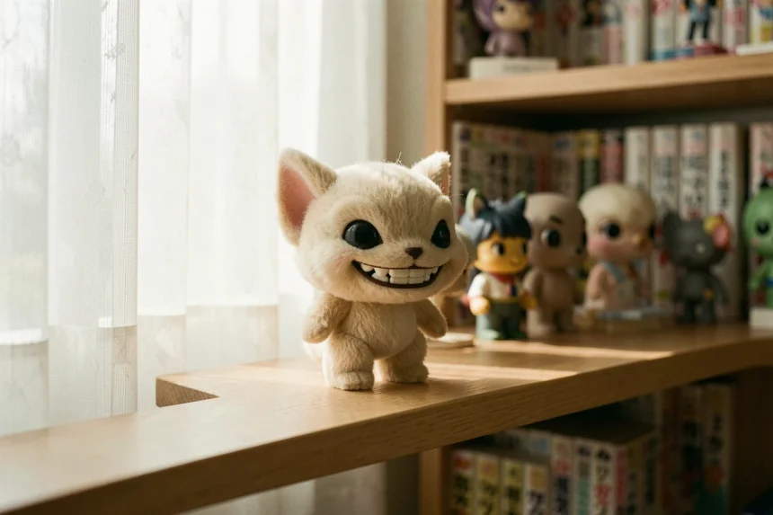 Figurine Labubu originale en vinyle avec fourrure texturée posée sur une étagère de collectionneur à Tokyo
