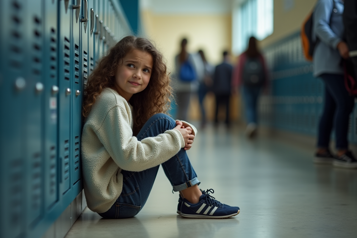 Fille de 11 ans assise dans le couloir de l