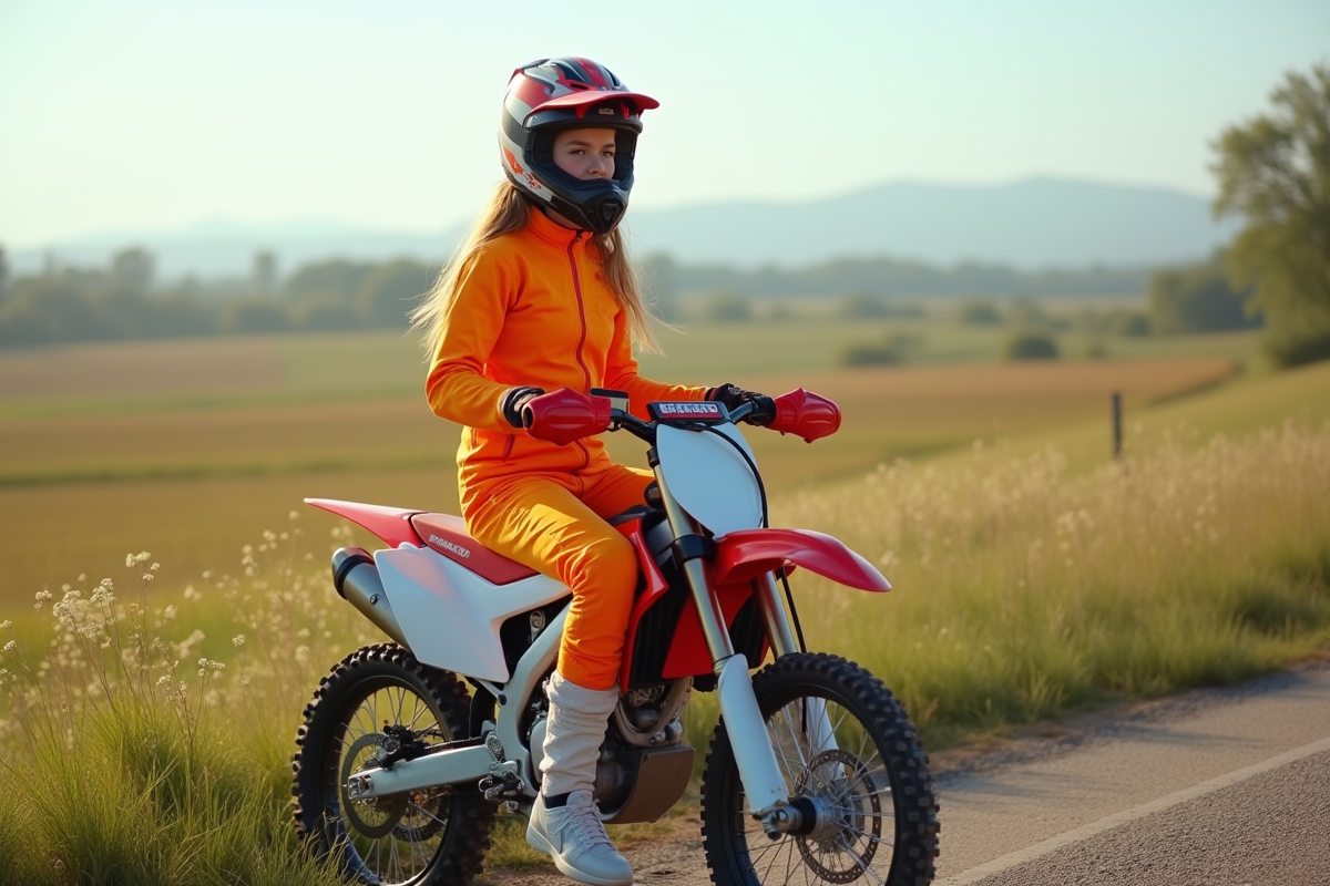 Fille en combinaison motocross sur moto 125cc en campagne