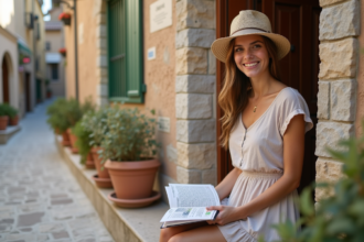 Jeune femme souriante en été dans un village méditerranéen