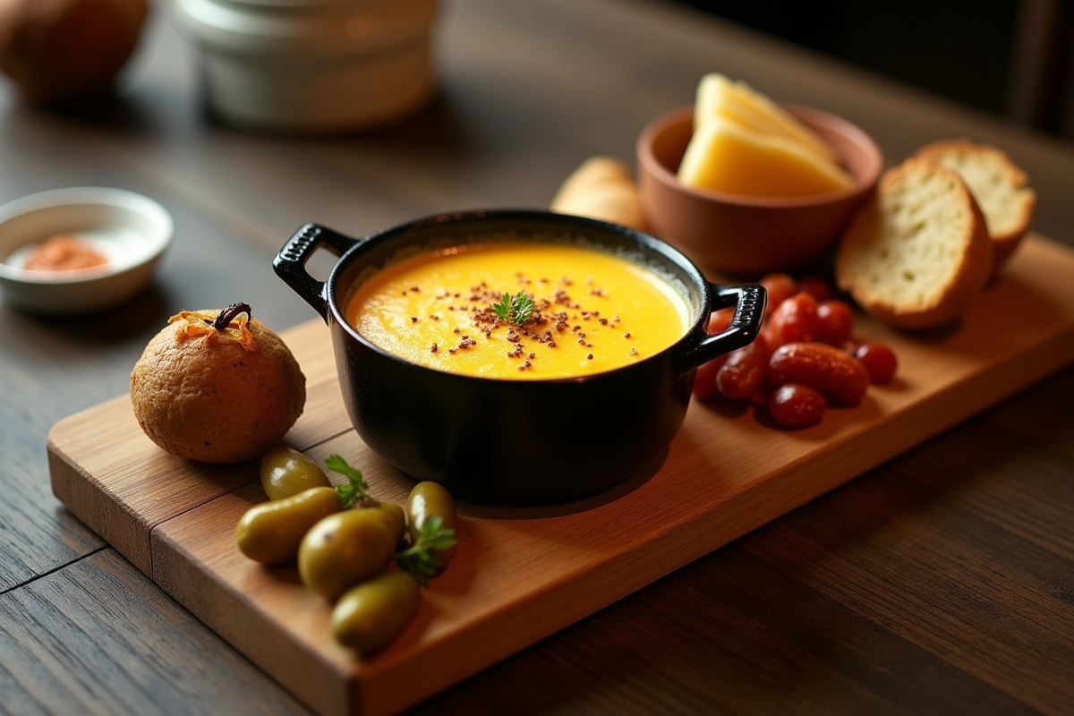 Gros plan sur fondue avec accompagnements raffinés