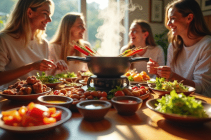 Table de fondue bourguignonne colorée entre amis