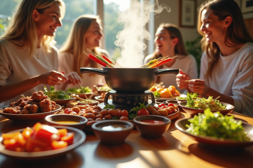 Table de fondue bourguignonne colorée entre amis