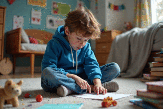 Garçon de 9 ans pensif dans sa chambre avec jouets