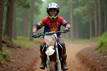 Jeune garçon de 14 ans en équipement motocross sur une piste boueuse