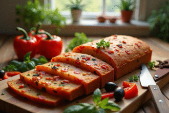 Gâteau salé au chorizo tranché sur une planche en bois avec olives et herbes