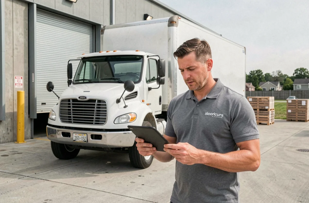 Chauffeur de Globe Express Déménagement consultant une tablette numérique sur un quai de chargement industriel