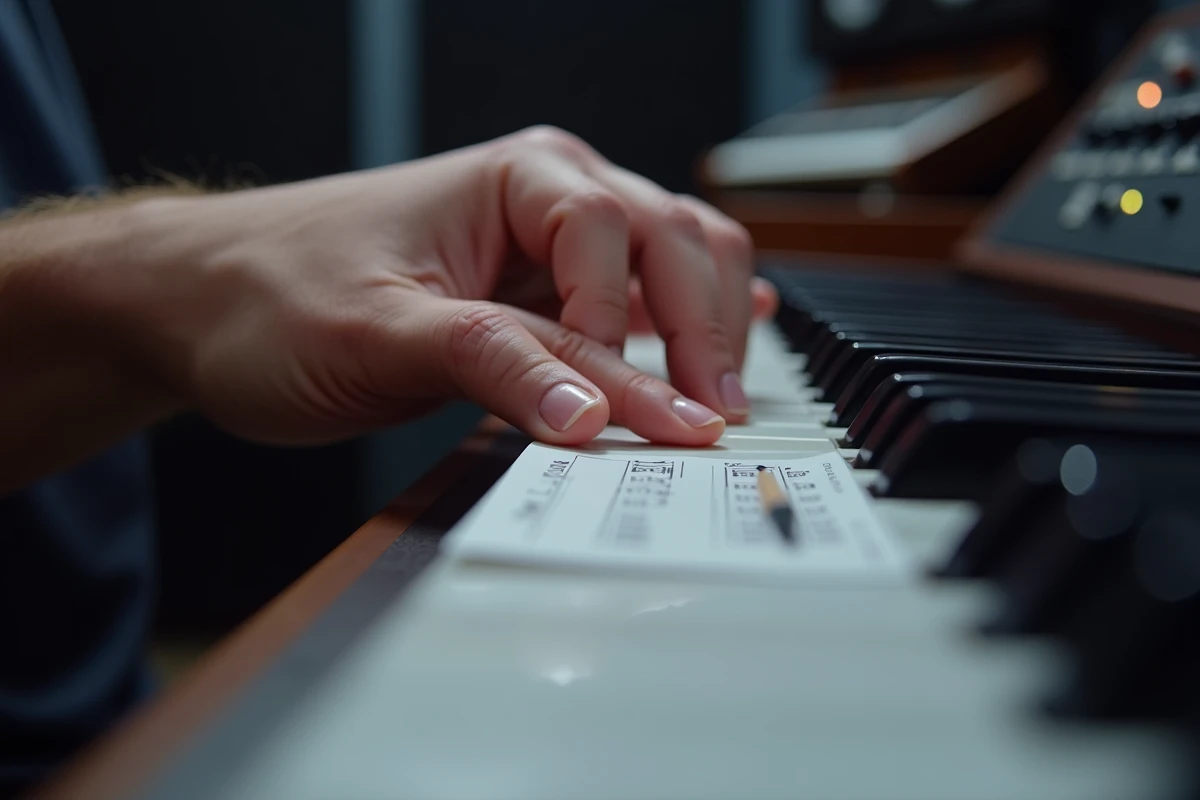 Gros plan de mains formant un accord reconnaissable sur les touches d'un piano en studio
