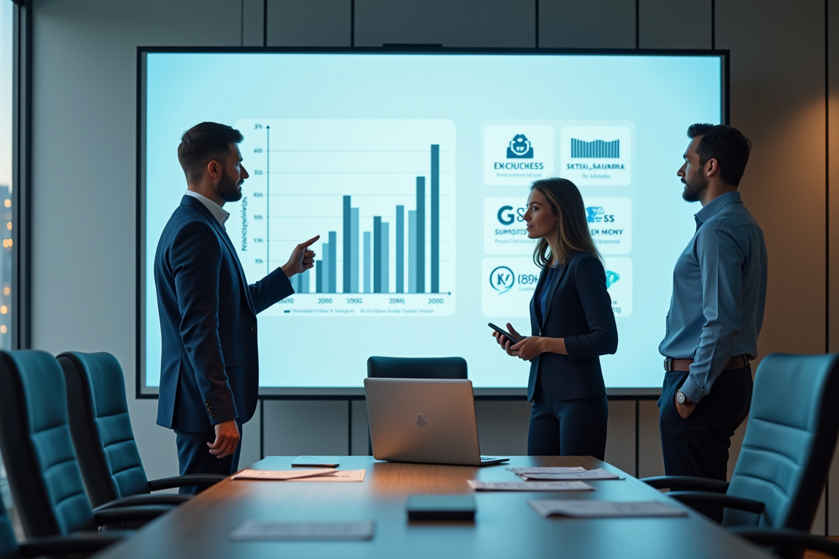 Groupe de collègues discutant devant un écran de comparaison
