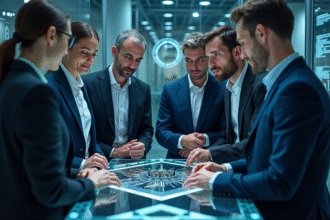 Professionnels observant un ordinateur quantique dans un laboratoire moderne