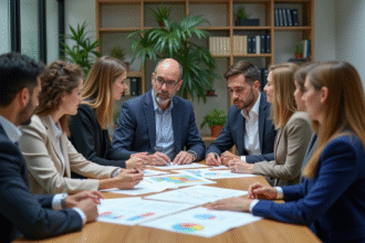 Groupe diversifié en réunion d'affaires avec graphiques