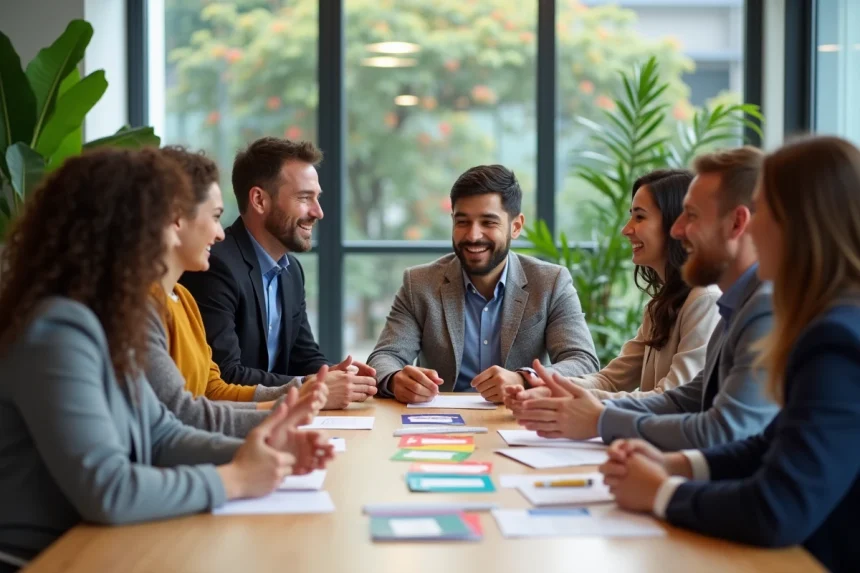 Groupe de professionnels en teambuilding au bureau