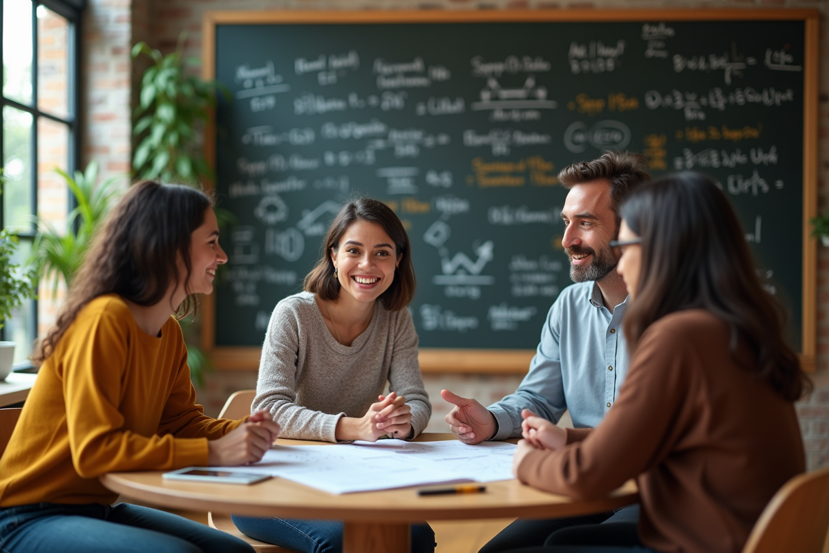 Groupe de jeunes adultes discutant dans un espace coworking créatif