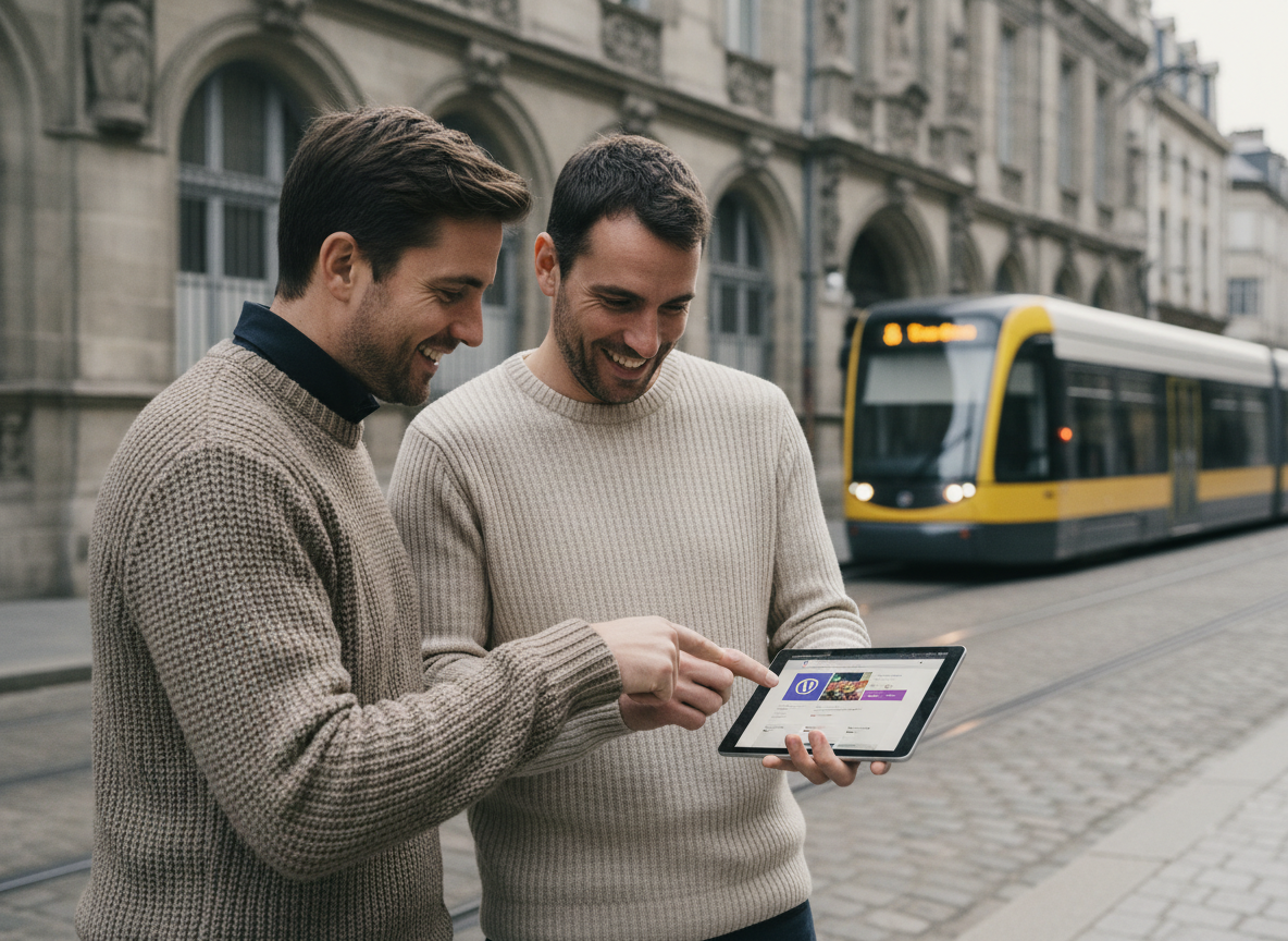 Groupe de trois web designers discutant en extérieur à Nantes