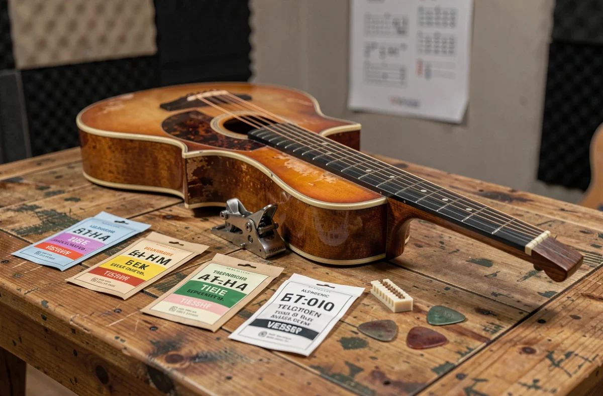 Gros plan sur une guitare Atlantic avec différentes sets de cordes et accessoires sur une table en bois