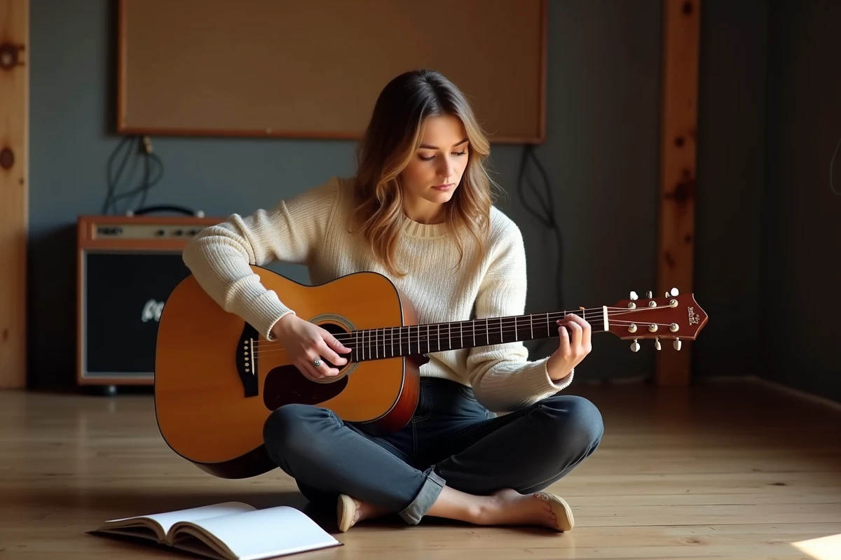 Guitariste travaillant les accords d'intro d'une chanson dans un studio de répétition