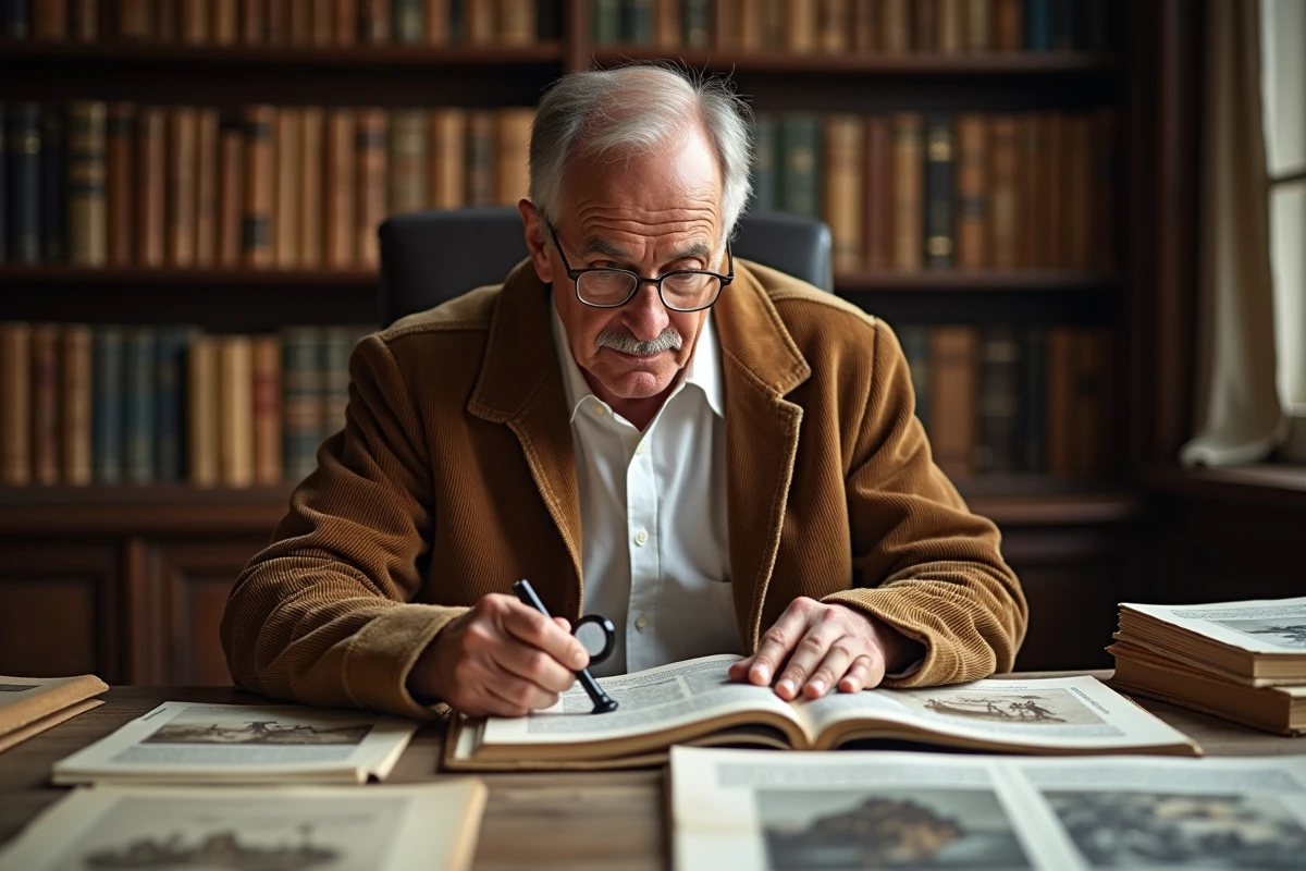 Historien de l'art comparant des reproductions de peintures de conquête américaine du XIXe siècle dont American Progress de John Gast sur un bureau de recherche académique