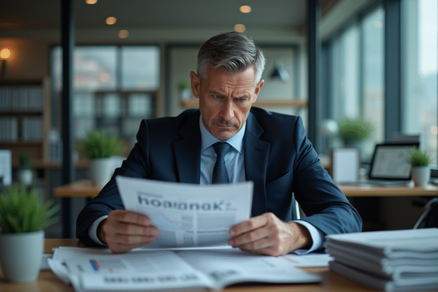 Homme d'affaires anxieux examinant des rapports économiques