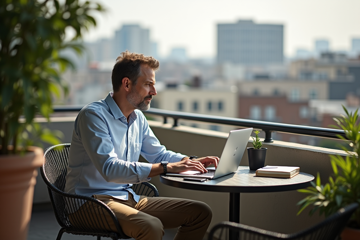 Homme concentré travaillant sur un balcon urbain