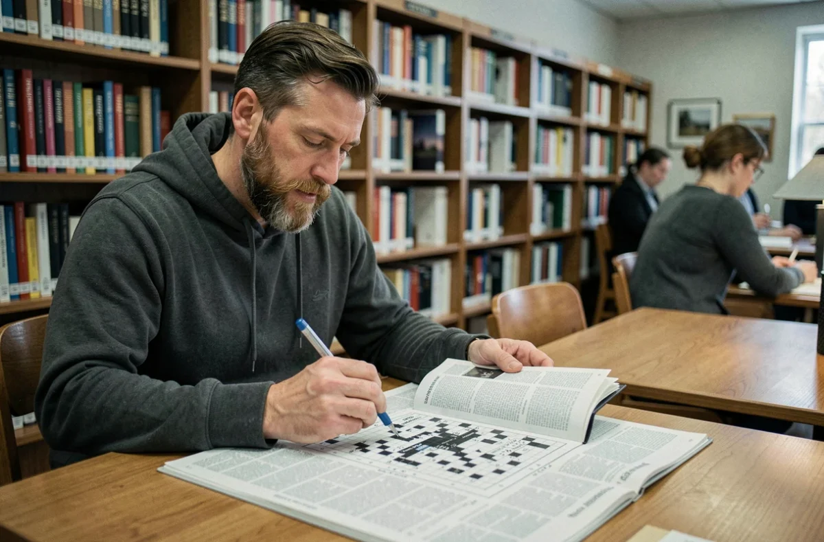 Homme consultant un dictionnaire dans une bibliothèque pour résoudre une grille de mots fléchés complexe
