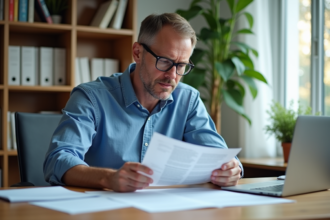 Homme d'âge moyen lisant documents et tablette dans un bureau