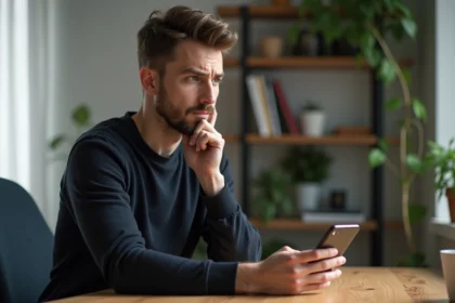 Homme en bureau moderne regardant son smartphone