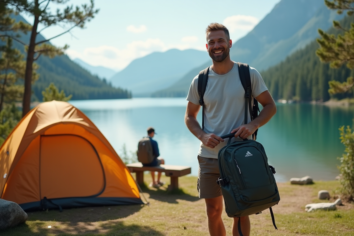 Homme déballant son sac au bord d