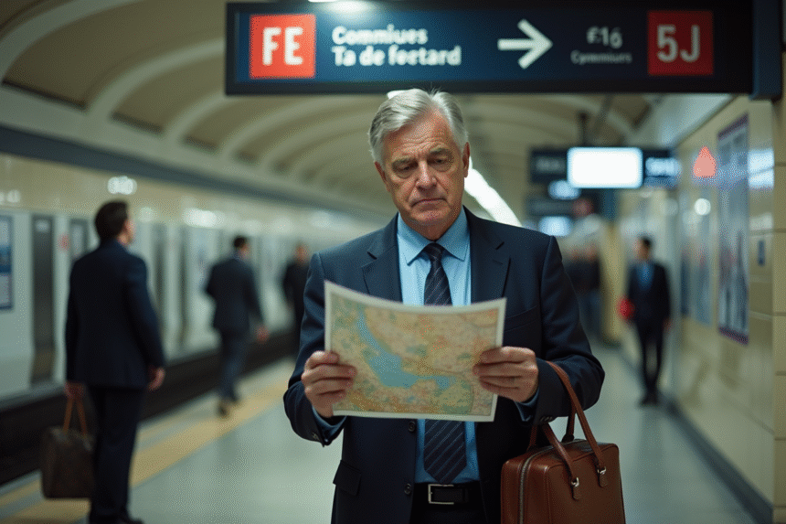 Homme d'âge moyen en costume consulte une carte metro