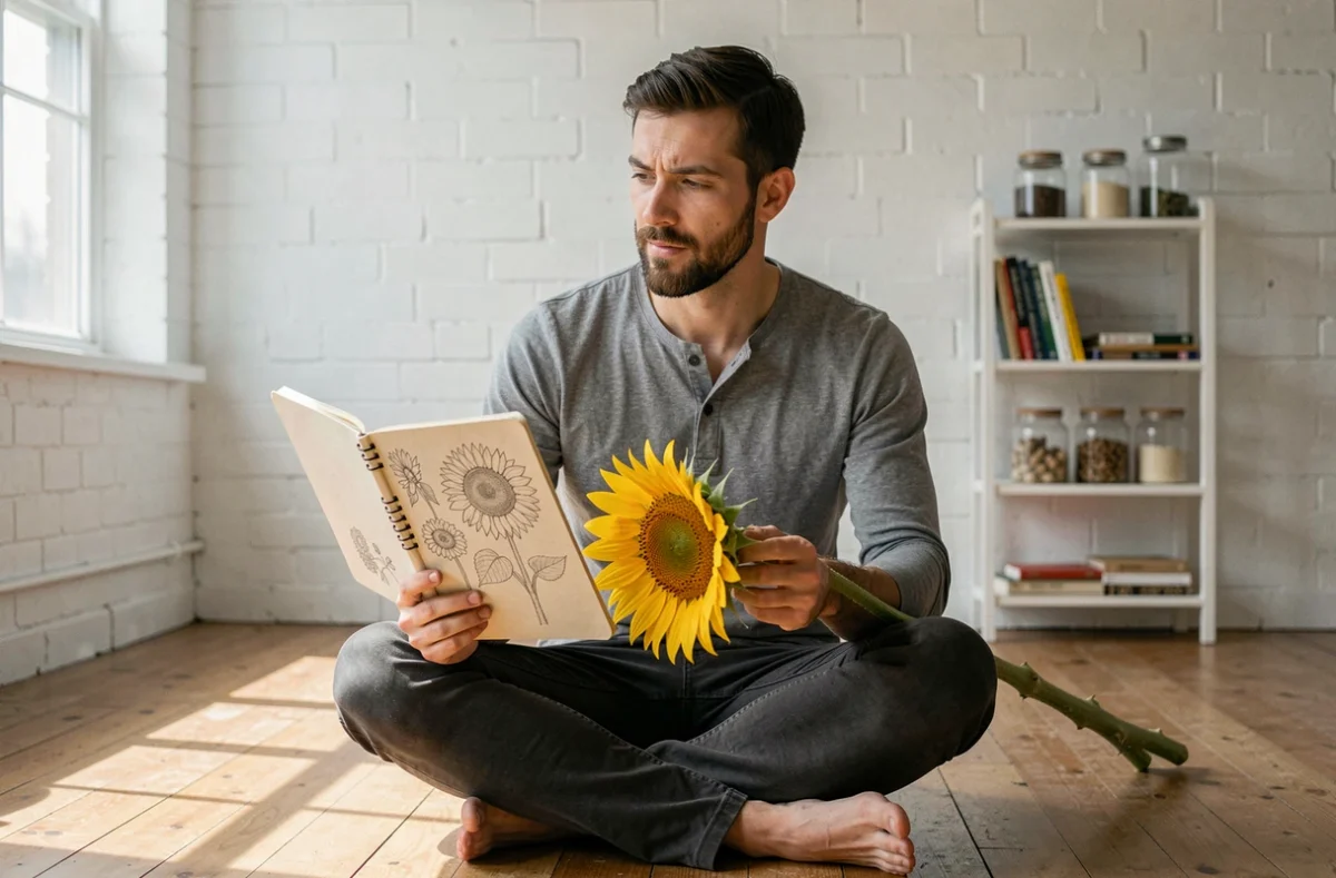 Homme barbu assis par terre dans un studio minimaliste consultant ses croquis botaniques de tournesol pour un projet de création solaire artisanale