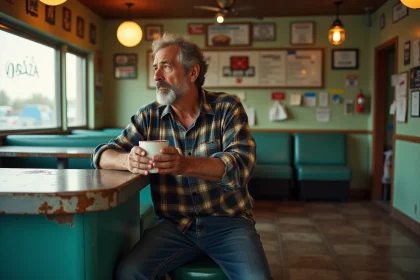 Homme d'âge moyen dans un diner rétro en réflexion