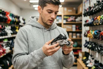 Homme examinant une lame de patin Bley dans un magasin de sport, comparant les offres avant achat