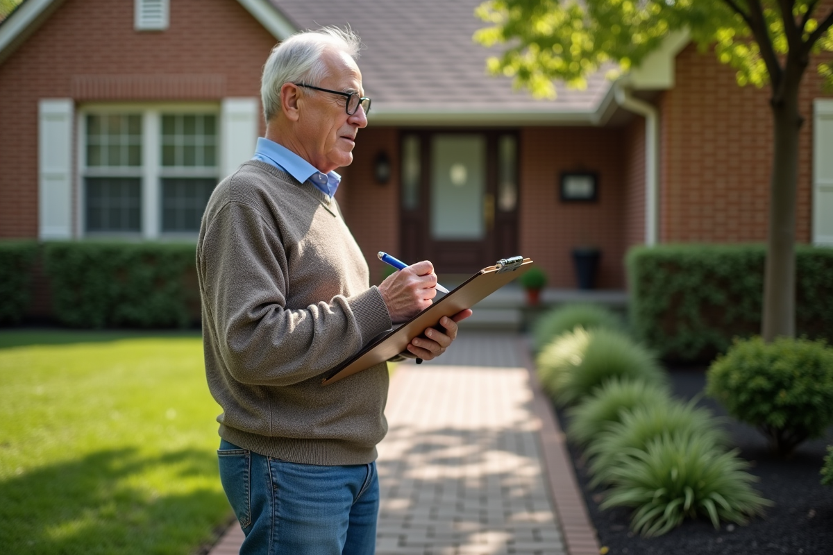 Homme évaluant la façade de sa maison dans le quartier