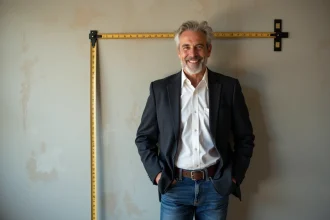 Homme français d'âge moyen avec mètre vintage en studio