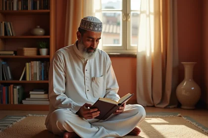 Homme en djellaba blanche lisant le Coran sur un tapis de prière dans un appartement lyonnais pendant le Ramadan