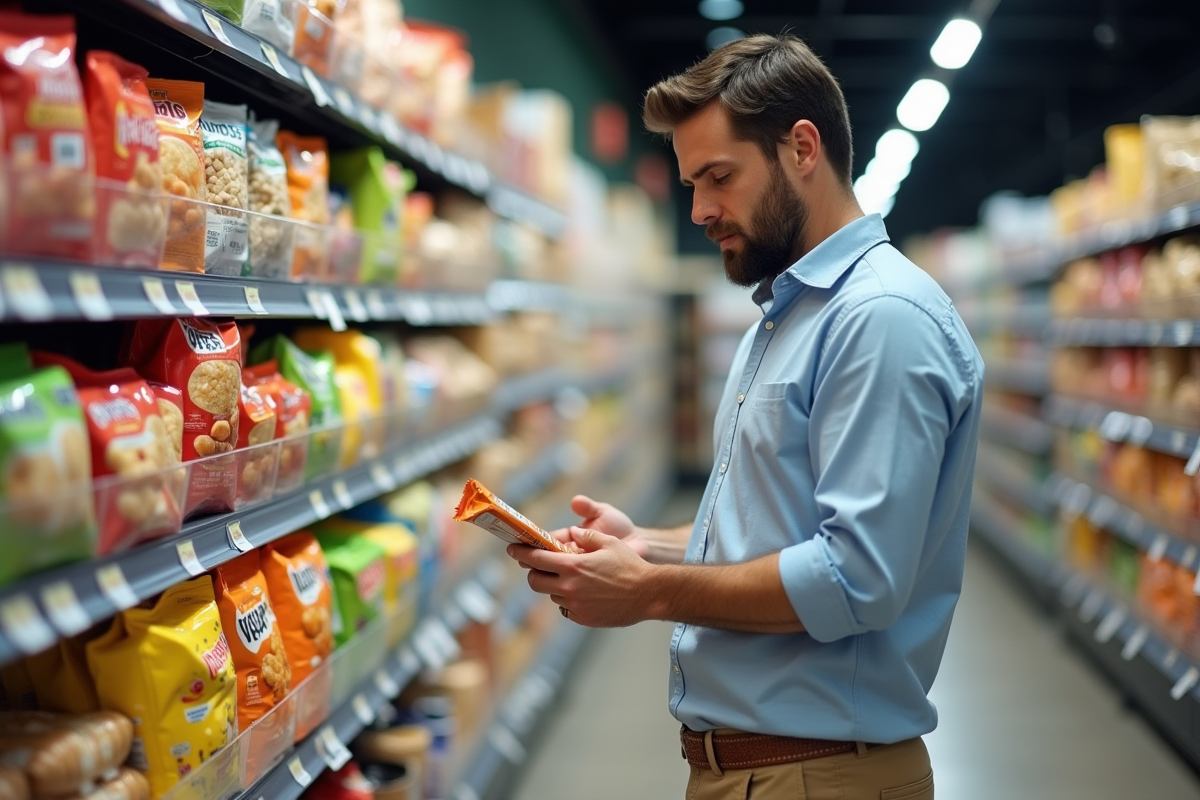 Homme lisant une étiquette nutrition dans un supermarché
