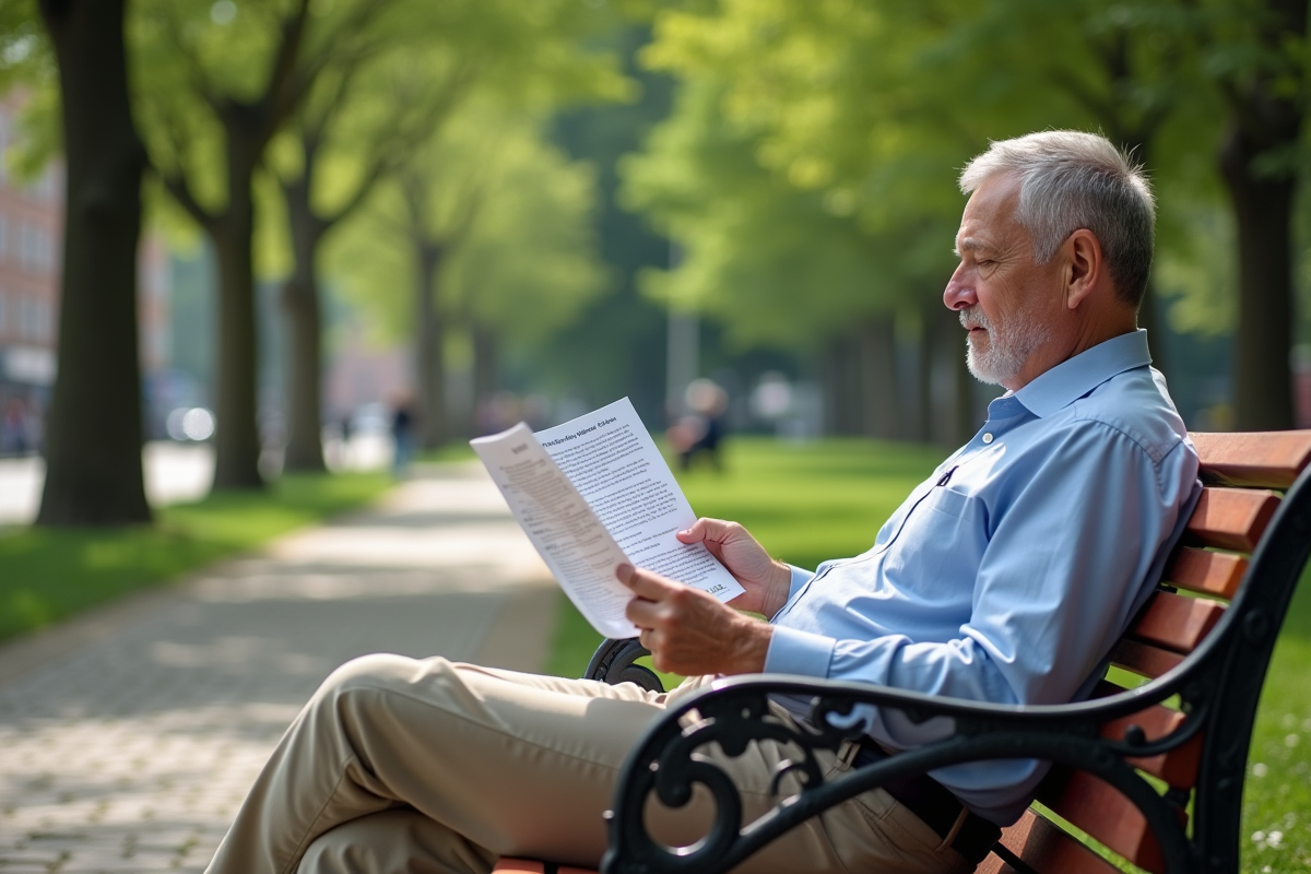 Homme lisant un pamphlet sur le psoriasis dans un parc